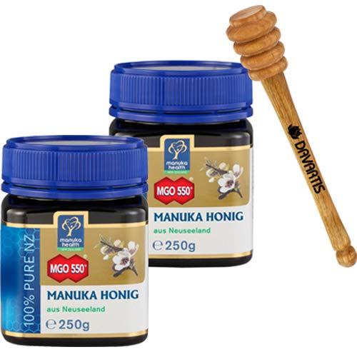 2x Manuka Health Manuka Honig MGO 550+ [250g] 100% Pur aus Neuseeland mit zertifiziertem Methylglyoxal Gehalt + 1x Davartis Honiglöffel aus Kirschholz 15cm von Davartis