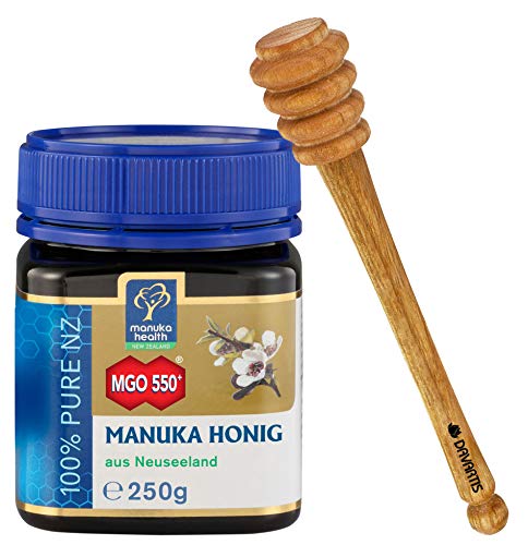 Manuka Health Manuka Honig MGO 550+ [250g] 100% Pur aus Neuseeland mit zertifiziertem Methylglyoxal Gehalt + Davartis Honiglöffel aus Kirschholz 15cm von Davartis