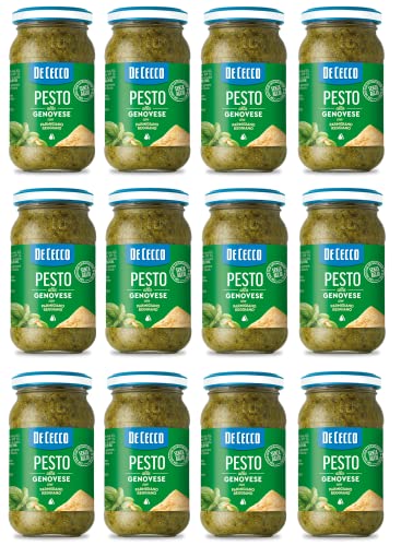 12x De Cecco Pesto alla Genovese con Parmigiano Reggiano senza aglio Pesto mit frischem Basilikum, Parmigiano Reggiano ohne Knoblauch 190g Italienisches Sauce von De Cecco