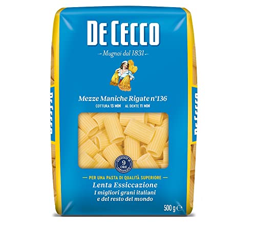 24x De Cecco Mezze Maniche Rigate n°136 Hartweizengrieß Pasta Italienische 500g Packung von De Cecco