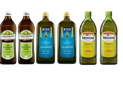 2x Monini Extra Natives Olivenöl 1L nativ olio extravergine di oliva Classico + 2x De Cecco Extra Natives Olivenöl 1L + 2x Farchioni Extra Natives Olivenöl 1L von De Cecco