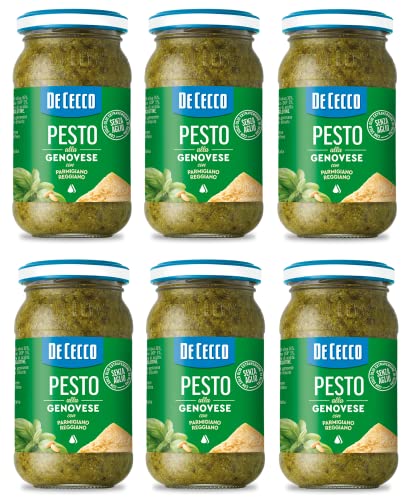 6x De Cecco Pesto alla Genovese con Parmigiano Reggiano senza aglio Pesto mit frischem Basilikum, Parmigiano Reggiano ohne Knoblauch 190g Italienisches Sauce von De Cecco