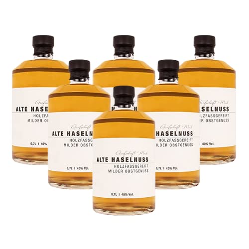 Grafschaft Mark Alte Haselnuss Schnaps 6 x 0,7 L | 40% vol. Alkohol | milder Obstbrand holzfassgelagert | Spezialitäten aus unserer Brennerei | edle Aromen von Nuss als Obstler | ideal als Geschenk von DeCavo