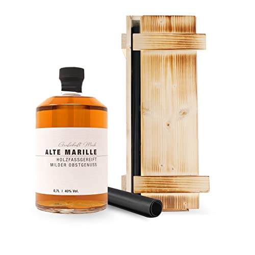 Grafschaft Mark Alte Marille Schnaps Geschenk Grillen | 1x 0,7 L & Grillmatte für alle Grills | edle Holzkiste mit Marillenbrand und Silikon Grillmatte 40x33cm | 40% Alkohol | Schnaps Geschenk von DeCavo