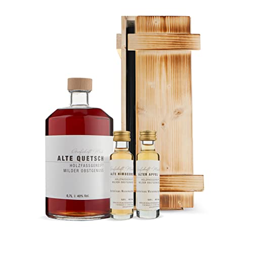Grafschaft Mark Alte Quetsch Obstbrand Geschenkset 1x 0,7 L & 2x 0,02 L, 40% vol. Alk., edle Holzbox mit Quetschenbrand, Himbeerbrand und Apfelbrand, Obstler im Holzfass gereift, Schnaps Geschenk von DeCavo