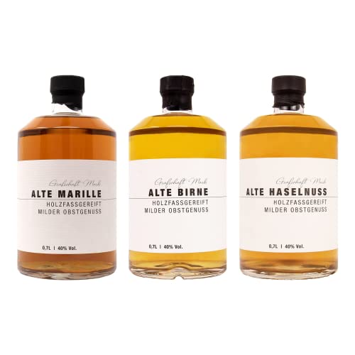 Grafschaft Mark Mix 3 x 0,7 L, Alte Marille, Alte Birne & Alte Haselnuss, 40% vol. Alkohol, milder holzfassgelagerter Obstbrand, Schnaps Spezialitäten aus unserer Brennerei, hochwertige Spirituose von DeCavo