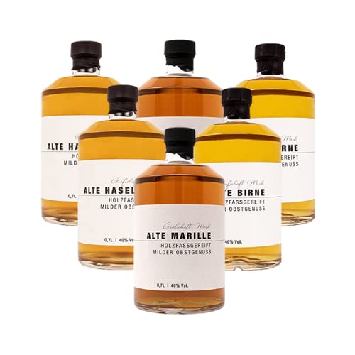 Grafschaft Mark Schnaps Mix 6 x 0,7 L | 2 x saftige Marille 2 x fruchtige Birne 2 x edle Haselnuss | 40% vol. Alkohol | milder, holzfassgelagerter Obstbrand aus Deutschland | hochwertige Spirituose von DeCavo