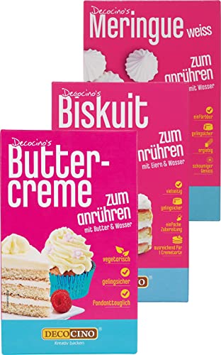 Decocino Buttercreme, Meringue & Biskuit Fertigmischung-Set (3x 250 g) einfache Zubereitung & gelingsicher ideal für Torten, Kuchen, Cupcakes uvm. von DECOCINO