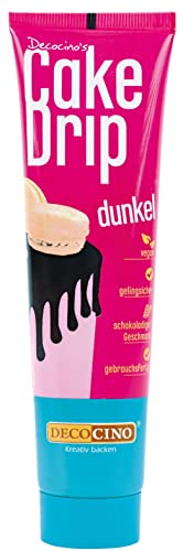 DECOCINO Cake Drip Dunkel (90g) – schokoladiger Geschmack – vegan & gebrauchsfertig – Backdeko für Torten, Kuchen, Muffins, Cupcakes, Cake Melts, Cake Melts von DECOCINO