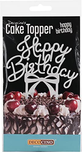 Decocino Cake Topper Happy Birthday Tortenstecker in Silber zum Dekorieren & Verzieren von Torten und Kuchen (10 x 8 cm) Tortendekoration von DECOCINO