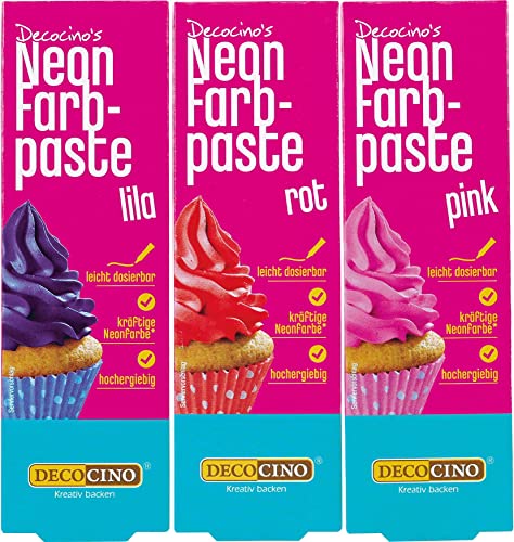 Decocino Neon Lebensmittelpasten Set - 3 Stück - rot, pink, lila – hochdosierte Lebensmittel-Farbe – zum Einfärben von Kuchen, Torten, Muffins, Cupcakes – geschmacksneutral von Decocino