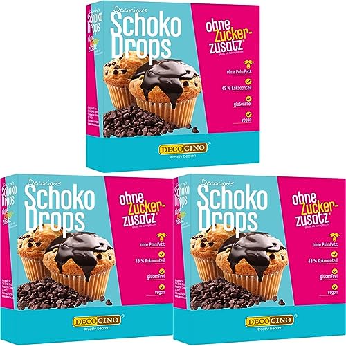DECOCINO SchokoDrops – 75 g – Schokoladen Drops mit 49% Kakaoanteil, zum Verzieren von Kuchen, Cupcakes & Torten – ohne Palmöl, vegan & glutenfrei (Packung mit 3) von Decocino