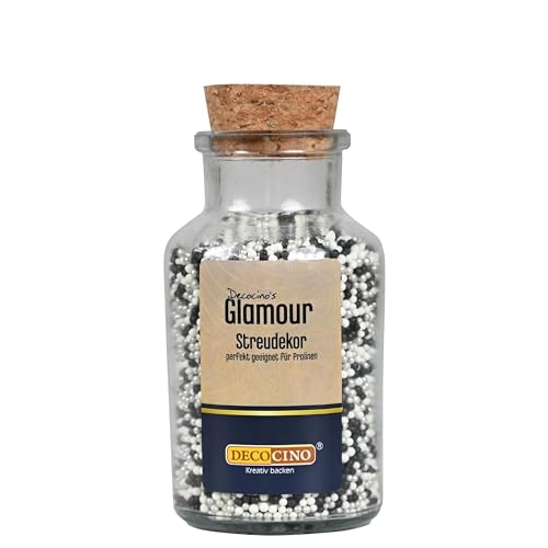 DECOCINO Streusel-Mix Glamour - 120 g - essbares Streudekor im Deko-Glas - Zuckerperlen in weiß, schwarz und silber, ideal zum Dekorieren von Pralinen von DECOCINO
