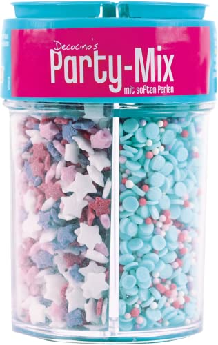 Decocino Streusel-Mix „Party-Mix“ – Zucker-Perlen, Streu-Dekor, Konfett, – Torten-Deko, Kuchen-Deko, Muffin-Deko – Streusel-Deko für Fondant, Zuckerwatte, Cake Pops, 95 g von DECOCINO