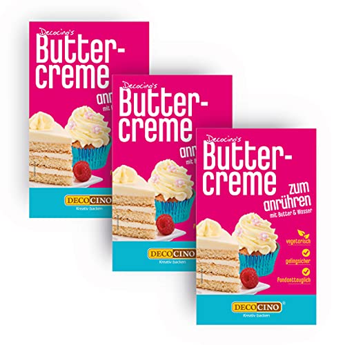 DECOCINO Buttercreme Fertigmischung (3er Set – 3x 250g), zum Einstreichen, Füllen und Garnieren, ideal für Cupcakes, Creme- und Fondant-Torten – Glutenfrei von DECOCINO