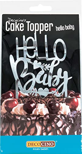Decocino Cake Topper Hello Baby – Tortenstecker in Silber zum Dekorieren & Verzieren von Torten und Kuchen (10 x 8 cm) – Tortendekoration von DECOCINO