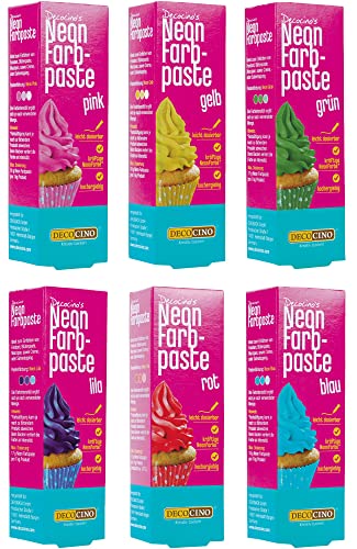 Decocino Neon Lebensmittelpaste 6er Set – hochdosierte Lebensmittel-Farbe – zum Einfärben von Kuchen, Torten, Muffins, Cupcakes – geschmacksneutral von DECOCINO