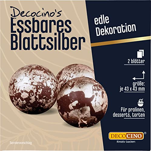 Decocino essbares Blattsilber - 2 Blätter, 43x43 mm - feines Blatt-Silber zum Veredeln & Dekorieren von Pralinen, Trüffel, Torten, Kuchen Desserts Decocino essbares Blattsilber - 2 Blätter, 43x43 mm - feines Blatt-Silber zum Veredeln & Dekorieren von Pralinen, Trüffel, Torten, Kuchen Desserts von DECOCINO
