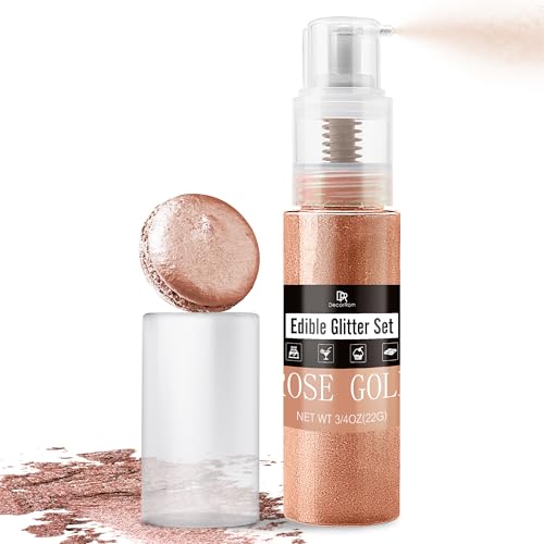 Essbarer Glitzer - 22g Essbarer Glitzerstaub Glitzerpulver in Sprühflasche für Lebensmittel, Getränke, Kuchen- Metallisch Lebensmittelfarbe Pulver zum Dekorieren Torten, Süßigkeiten, Keksen (Roségold) von DecorRom