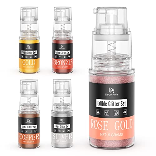 Essbarer Glitzer - 5 Farben Essbarer Glitzerstaub Glitzerpulver in Sprühflasche für Lebensmittel, Getränke, Kuchen - Metallisch Lebensmittelfarbe Pulver zum Dekorieren von Torten, Süßigkeiten, Keksen Essbarer Glitzer - 5 Farben Essbarer Glitzerstaub Glitzerpulver in Sprühflasche für Lebensmittel, Getränke, Kuchen - Metallisch Lebensmittelfarbe Pulver zum Dekorieren von Torten, Süßigkeiten, Keksen von DecorRom
