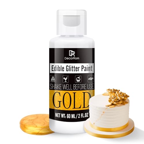 Flüssig Essbarer Glitzer - 60ml Metallisch Glitzerfarben Lebensmittelfarbe für Dekorieren von Kuchen, Backen, Cupcakes - Metallic Flüssiges Essbares Glitzerpulver für Kekse, Fondant, Torten (Gold) von DecorRom