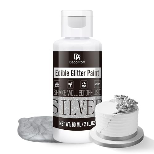 Flüssig Essbarer Glitzer - 60ml Metallisch Glitzerfarben Lebensmittelfarbe für Dekorieren von Kuchen, Backen, Cupcakes - Metallic Flüssiges Essbares Glitzerpulver für Kekse, Fondant, Torten (Silber) von DecorRom