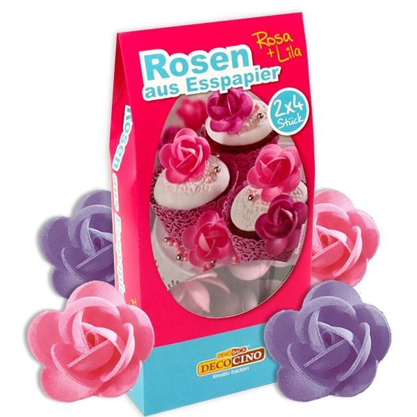 Oblaten Rosen rosa/lila, 8 Rosen-Dekore für Tortendeko aus Esspapier von Dekoback GmbH