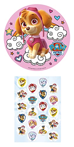 Dekozauber24 2er Set Paw Patrol Essbarer Tortenaufleger 20cm + 20x Muffinaufleger, aus Oblate, Kindergeburtstag Tortendeko Deko Tortenbild (Paw Patrol Nr. 6 Skye) von Dekozauber24