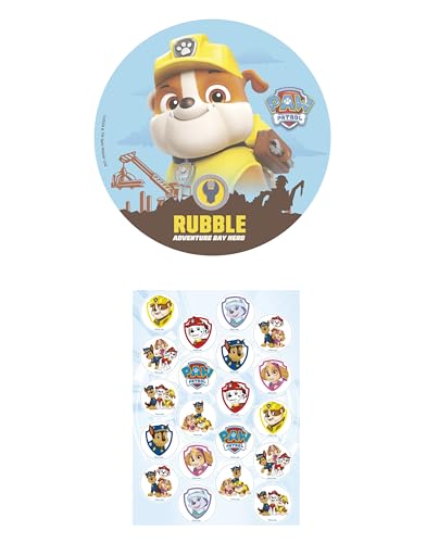 Dekozauber24 2er Set Paw Patrol Essbarer Tortenaufleger 20cm + 20x Muffinaufleger, aus Oblate, Kindergeburtstag Tortendeko Deko Tortenbild (Rubble) von Dekozauber24