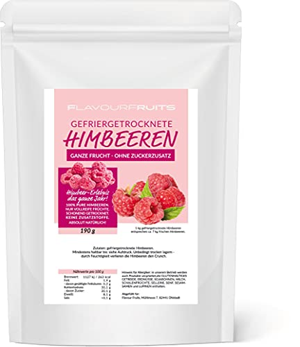 Flavourfruits | Himbeeren ganz gefriergetrocknet, ganze Frucht, wieder verschließbar, ohne Zusätze, sehr intensiver Geschmack, besonders knusprig Ideal zum naschen, für Müsli, Smoothie - 190 g Packung von Delikatess Express