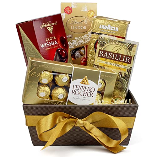 Geschenk Set Golden Kollektion, 5 verschiedene Produkte, 3 Schokoladenbox, exklusive Kaffee Lavazza und Ceylon-Schwarztee Basilur, Ferrero Rocher, Frau, Mann von Delim