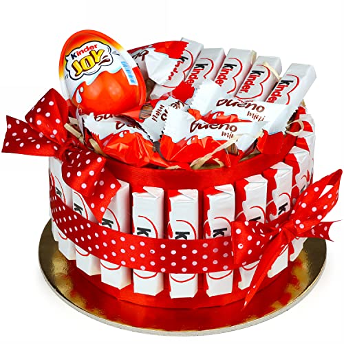 Torte aus Kinder Schokolade - Präsentkorb für frauen mit Kinder Bueno Mini mit Kinder Joy - Kinderriegel torte für Kinder - Geschenkkorb für Geburtstag - Geschenke für frauen von Delim