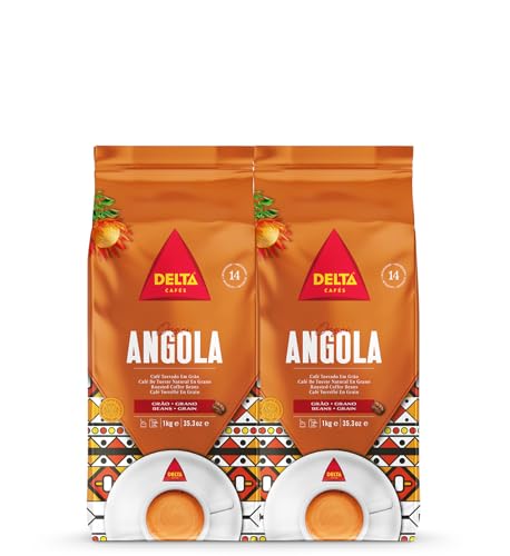 Delta Cafés - Kaffeebohnen Angola - 2 Pakete à 1 Kg - Intensität 8 - Mischung aus Arabica- und Robusta-Bohnen - Natürliche Röstung - Sehr aromatisch mit Noten von Vanille und gebranntem Zucker von Delta Cafés