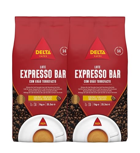 Delta Cafés - Espresso Bar Kaffeebohnen - 2 Packungen mit 1 kg - Intensität 14 - Mischung aus Arabica-Kaffeebohnen, robust mit natürlichem Röstung, sehr aromatisch mit Karamellgeschmack und gerösteten von Delta Cafés
