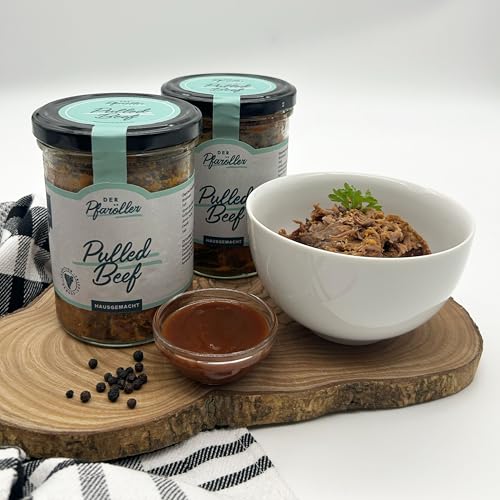 DER PFARÖLLER Pulled Beef 2 Gläser á 400g (Gesamtgewicht 800g) – Langsam gegartes, zartes Rindfleisch in BBQ-Soße – Perfekt für Sandwiches, Tacos & schnelle Mahlzeiten von Der Pfaröller