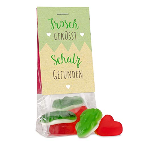 Hochzeit Gastgeschenk 30 STÜCK "Frosch geküsst - Schatz gefunden", 35 Gramm Fruchtgummi Frösche und Herzen in einem Naschbeutel, süße Geschenkidee für Deine Gäste auf der Hochzeit von Der Zuckerbäcker