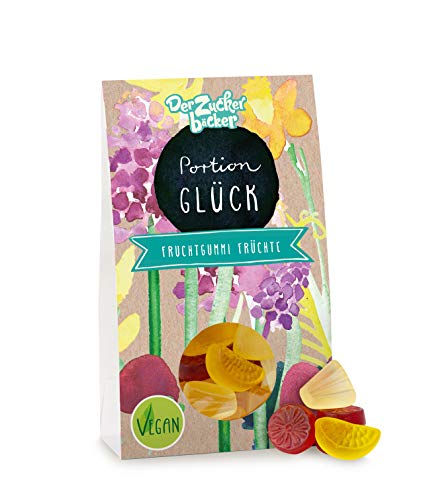 Portion Glück, vegane Fruchtgummi-Früchte mit Exotic-Frucht-Geschmack, 80 Gramm Naschportion, coole Geschenkidee für Veganer von Der Zuckerbäcker