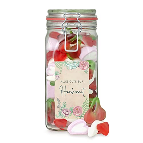 Alles Gute zur Hochzeit Süßigkeitenglas – Süßigkeiten-Mix im Bügelglas, tolles Hochzeitsgeschenk für das Brautpaar von Der Zuckerbäcker
