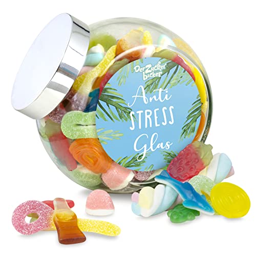 Anti Stress Süßigkeitenglas – großes Schräghalsglas mit Fruchtgummi und Marshmallow, Geschenk für Freunde und Freundinnen, 1000 g von Der Zuckerbäcker