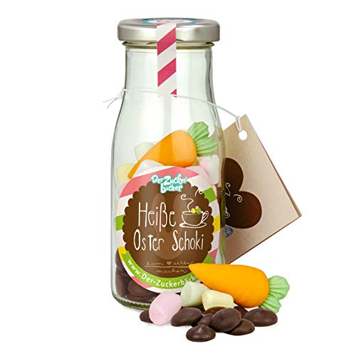 DIY heiße Oster Schoki, süße Trinkschokolade im Glas mit Schoko-Drops, Mini Marshmallows und Zuckermöhre, warmer Kakao zum Selbermachen, süßes Geschenk für Ostern von Der Zuckerbäcker