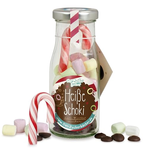 DIY heisse Schoki zum Selbermachen, süße Trinkschokolade im Glas mit 45 gr Schokodrops, Mini-Marshmallows und einer Zuckerstange, warmer Kakao von Der Zuckerbäcker