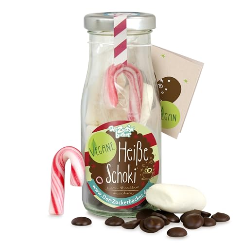 DIY vegane heiße Schoki – Schokolade mit veganen Marshmallows und Zuckerstange zum Selbermachen in hochwertiger Glas-Flasche, süße Geschenk-Idee zu Weihnachten und Nikolaus von Der Zuckerbäcker