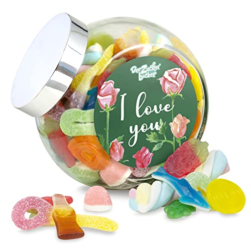 Der Zuckerbäcker I love you Schräghalsglas – tolle Süßigkeiten im Glas, süßes Geschenk zum Jahrestag oder Valentinstag von Der Zuckerbäcker