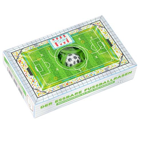 Essbarer Fußballrasen Box, grüne Fruchtgummi Schnüre mit Apfelgeschmack und Fußball Kaugummi, Geschenk für alle Fußball-Fans von Der Zuckerbäcker