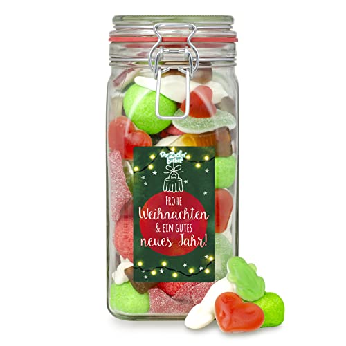 Frohe Weihnachten Süßigkeitenglas - Fruchtgummi- und Schaumzucker-Mix im hochwertigen Bügelglas, schönes Weihnachts-Geschenk von Der Zuckerbäcker