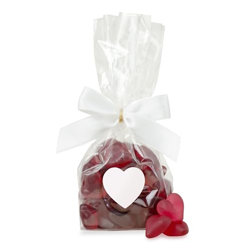 Gastgeschenk vegane Kirschherzen – herzliche Gastgeschenke für Hochzeiten – zartes Fruchtgummi in liebevoller Verpackung mit weißer Schleife von Der Zuckerbäcker