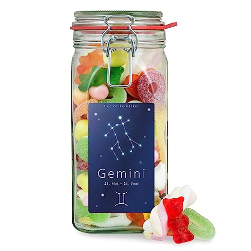 Gemini Sternzeichen Süßigkeitenglas – vielseitiger Süßigkeiten-Mix im großen Geschenk-Glas, tolles Geschenk für Zwillinge und Sternzeichen Gemini von Der Zuckerbäcker