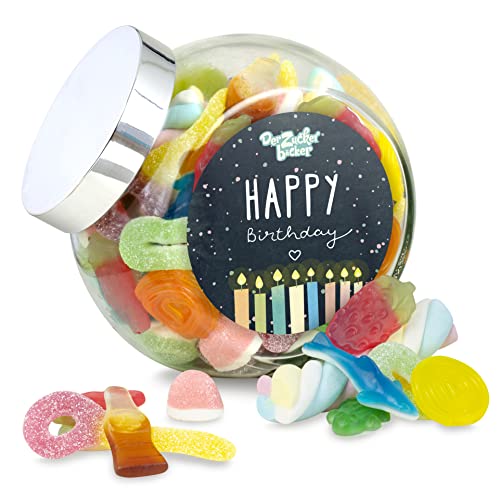 Happy Birthday – bunt gefülltes Schräghalsglas mit leckeren Süßigkeiten, tolle Geschenkidee für Geburtstagskinder von Der Zuckerbäcker