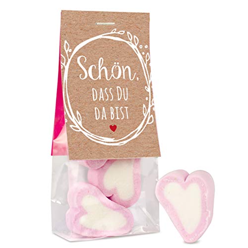 Hochzeit Gastgeschenk 30 STÜCK "Schön, dass Du da bist", 10 Gramm Marshmallow Herzen mit Vanille Geschmack in einem Naschbeutel, Süße Botschaft für Deine Gäste - tolle Nascherei von Der Zuckerbäcker