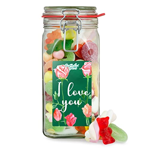 I love you Süßigkeitenglas – leckerer Süßigkeiten-Mix im großen Geschenk-Glas, tolles Geschenk für Valentinstag für Freund und Freundin von Der Zuckerbäcker